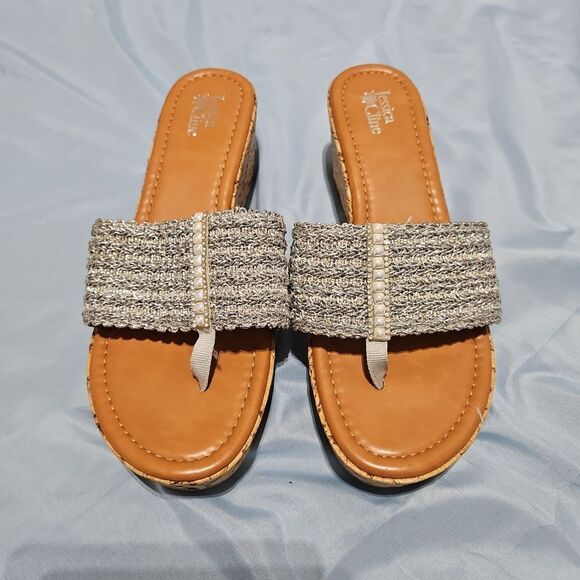 Jessica Cline 9.5 Platform Cork Wedge Thong Sandals - Picture 2 of 7